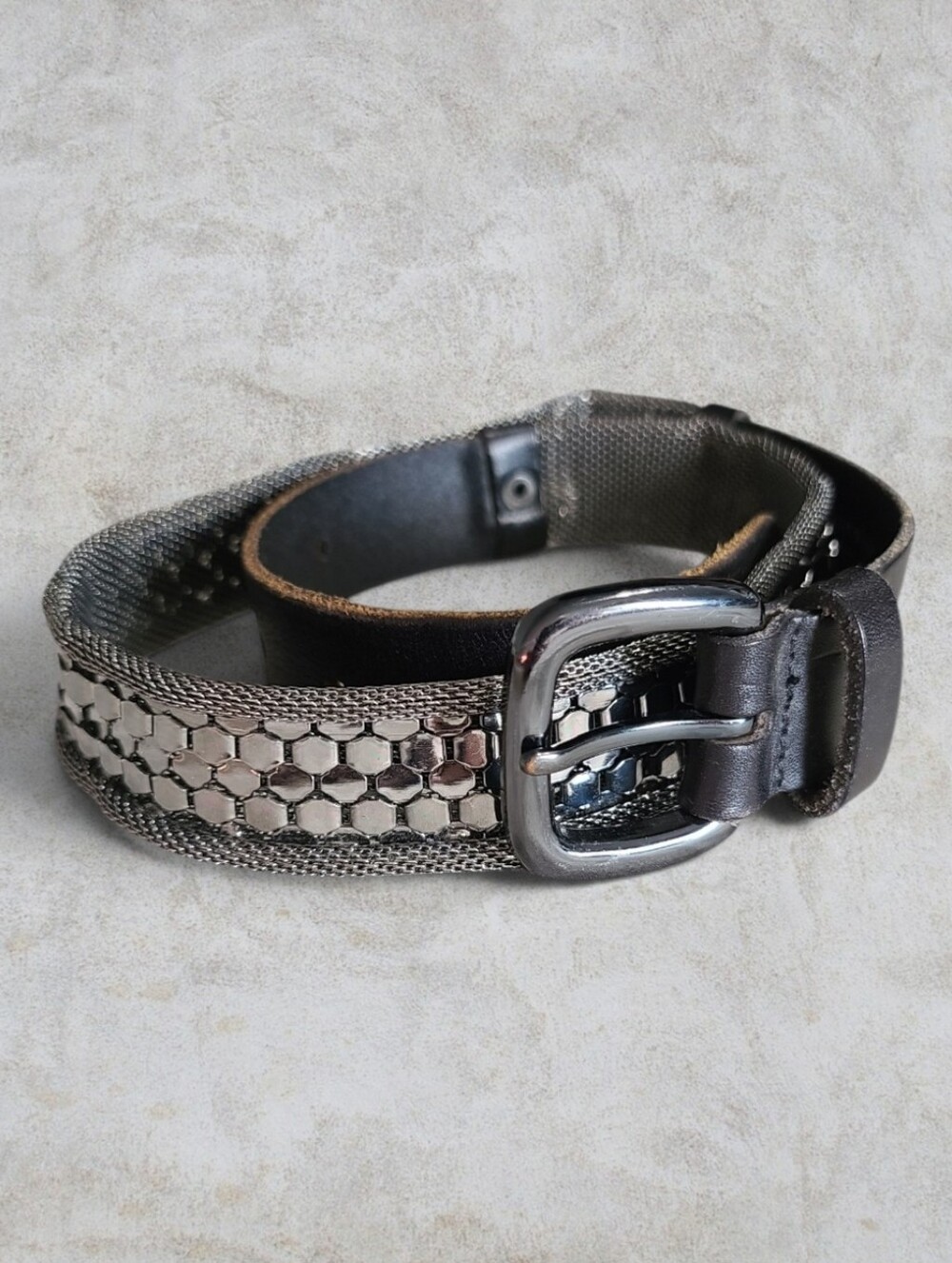 Vintage Danier Black Genuine Leather Metal Mesh Hexagon Belt XS